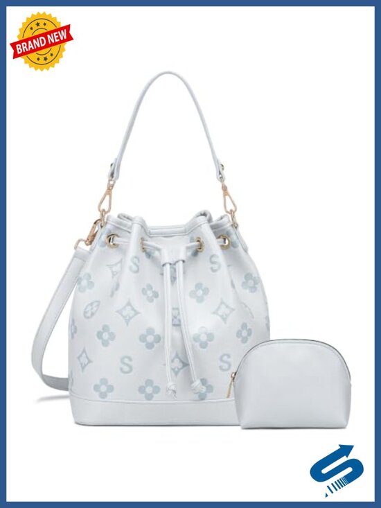 Handbags - 2 Piece Bucket Bag Set Embossed Vegan Leather Crossbody Shoulder Handbag with 2